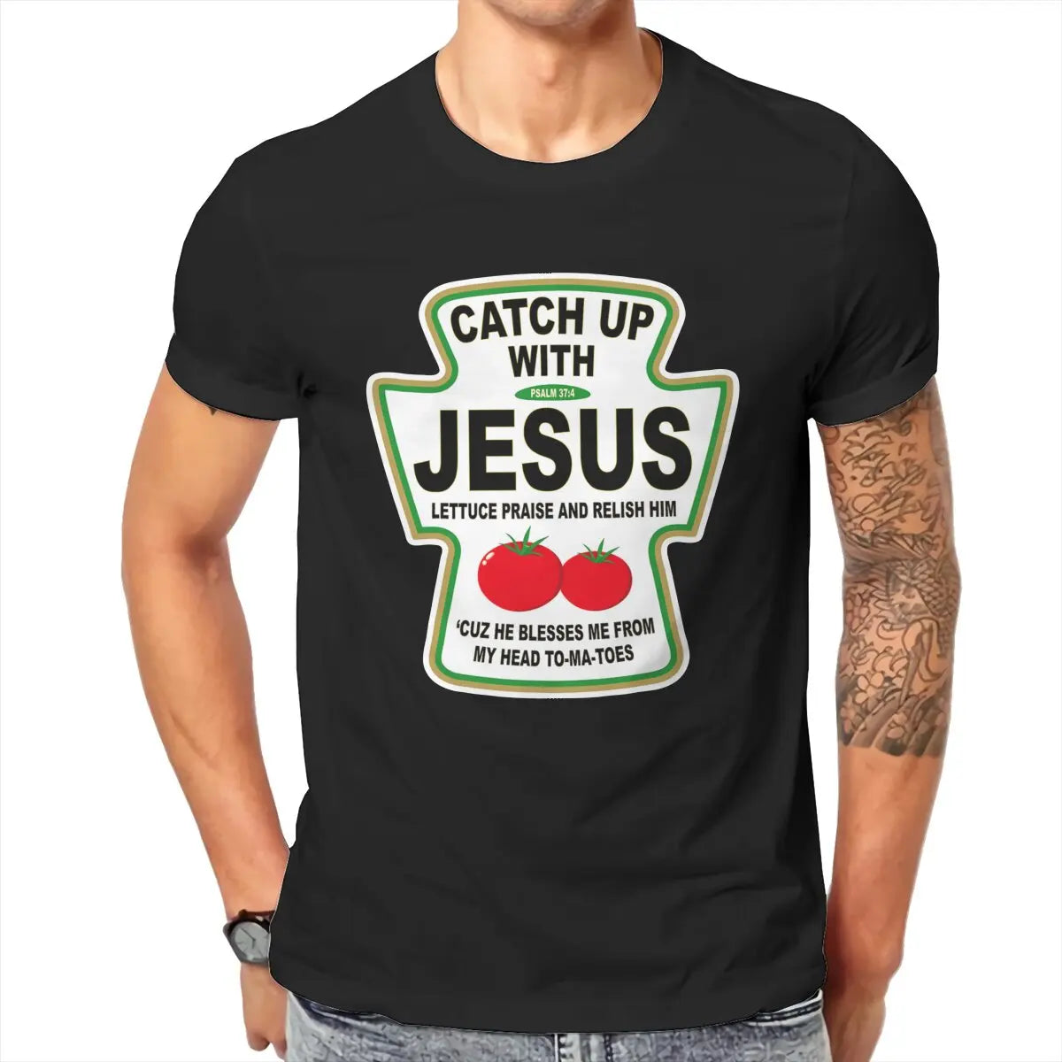 Christian Catch Up With Jesus Ketchup Men's T Shirt Christ Religion Casual Tee Shirt T-Shirts 100% Cotton Printed Tops