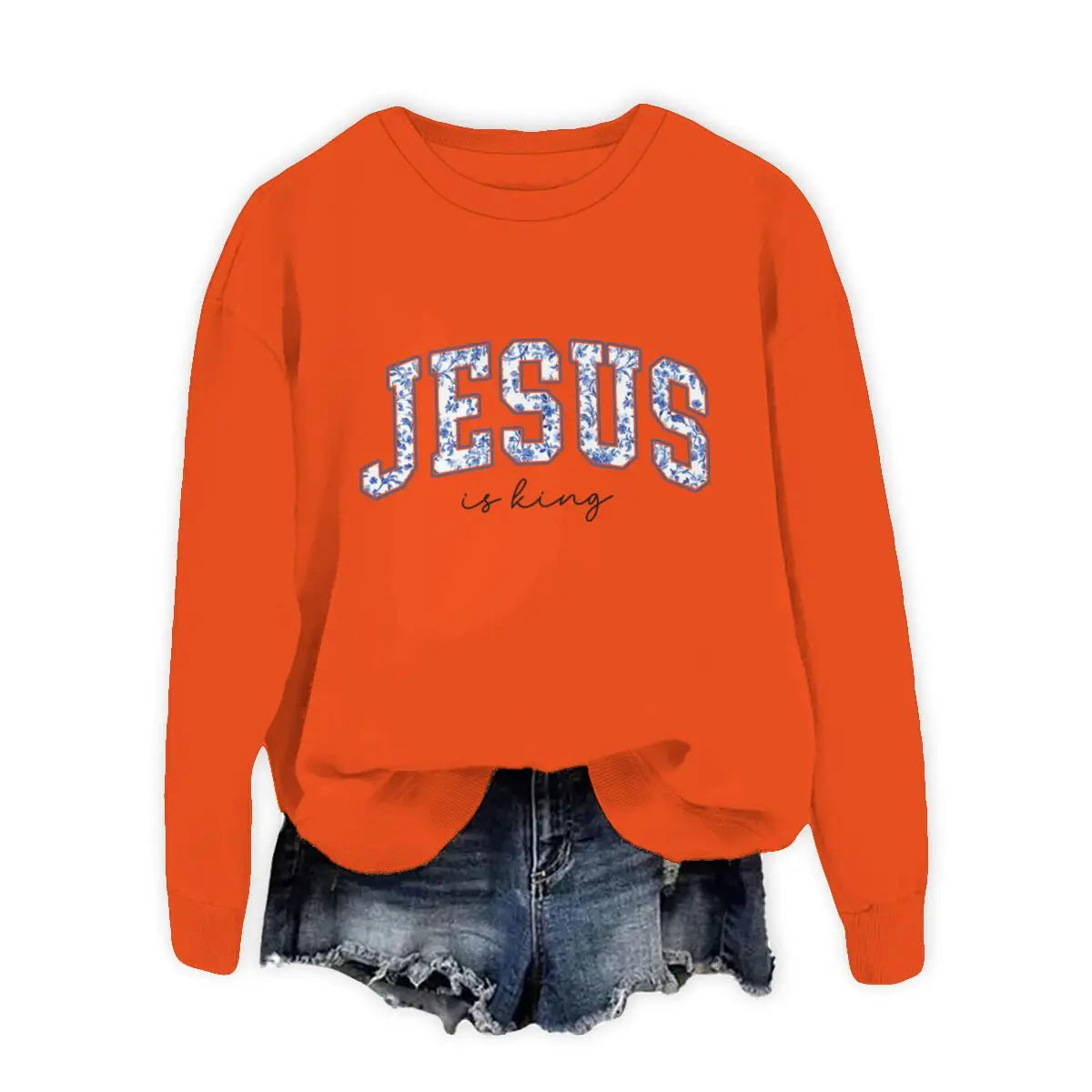 Christian Faith Long Sleeve Pullover Top Comfort Jesus Is King Sweatshirt Christians Blue Floral Jesus Design Women's Sweater
