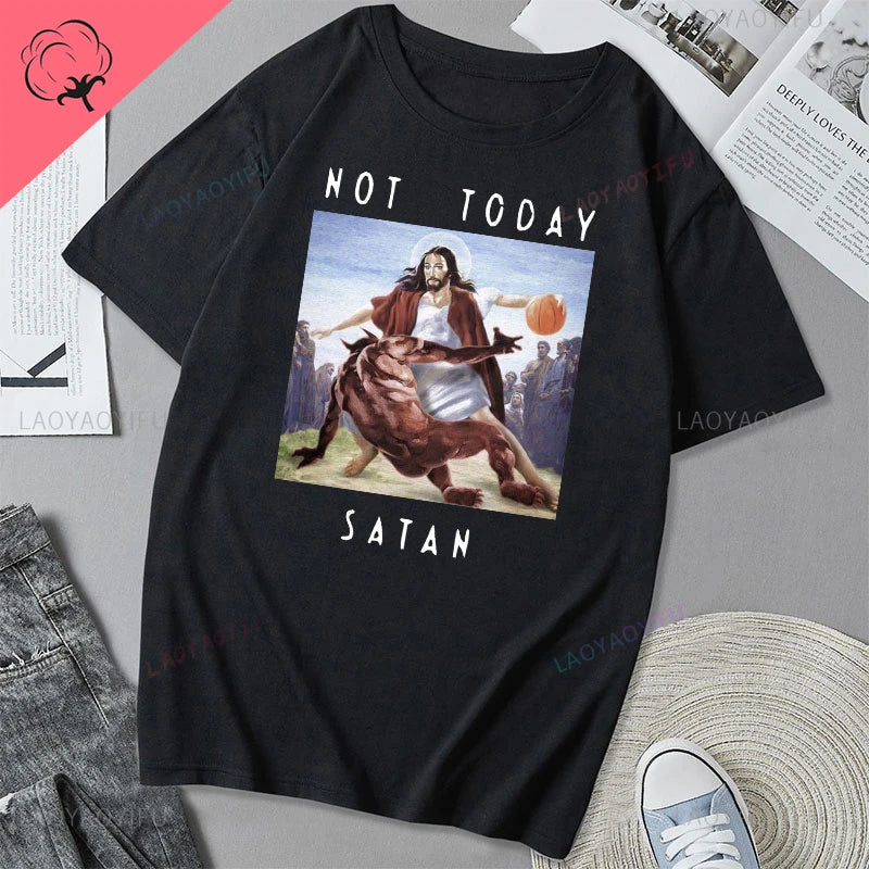 Jesus Vs Satan in A Boxing Match Funny Cotton Men's Clothing Not Today Satan John 14 6 Christian Unisex Street Trend Tshirt