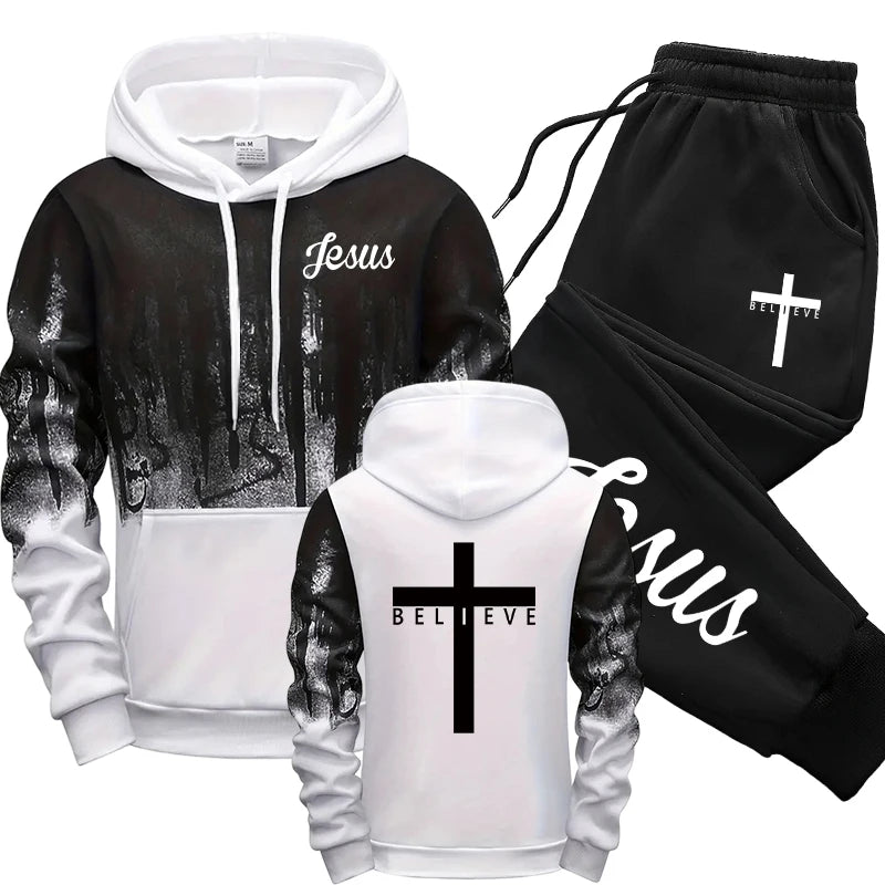 Jesus Christ Style Hoodies and Sweatpants Autumn Winter Daily Casual Sporty Jogging Suit Cross Tracksuit High Quality Men's Set