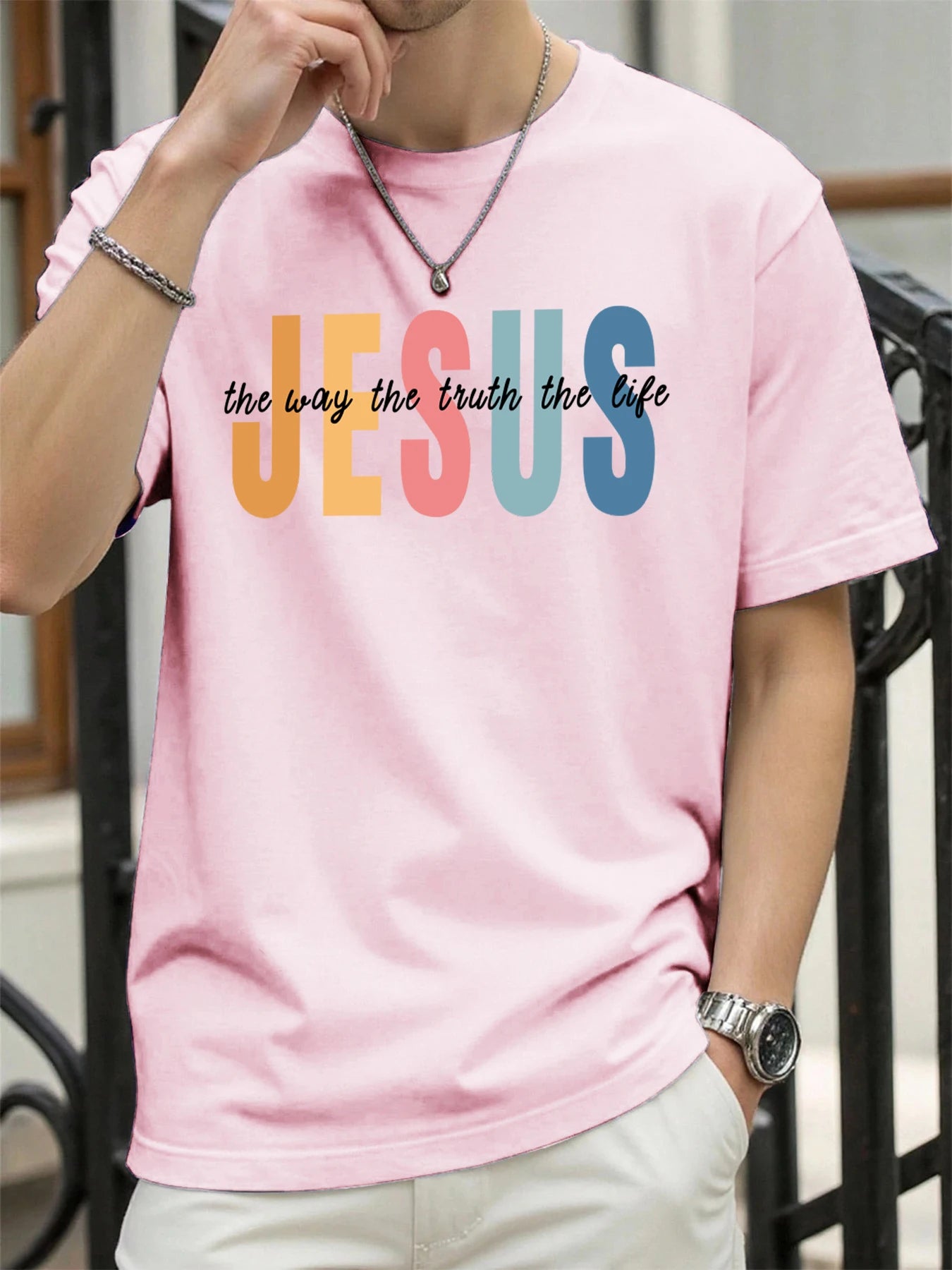 Jesus Color Letter Creative Printed T Shirt Man Summer All-Match Tops O-Neck Hip Hop Short Sleeve Men Cotton Breathable T-Shirts