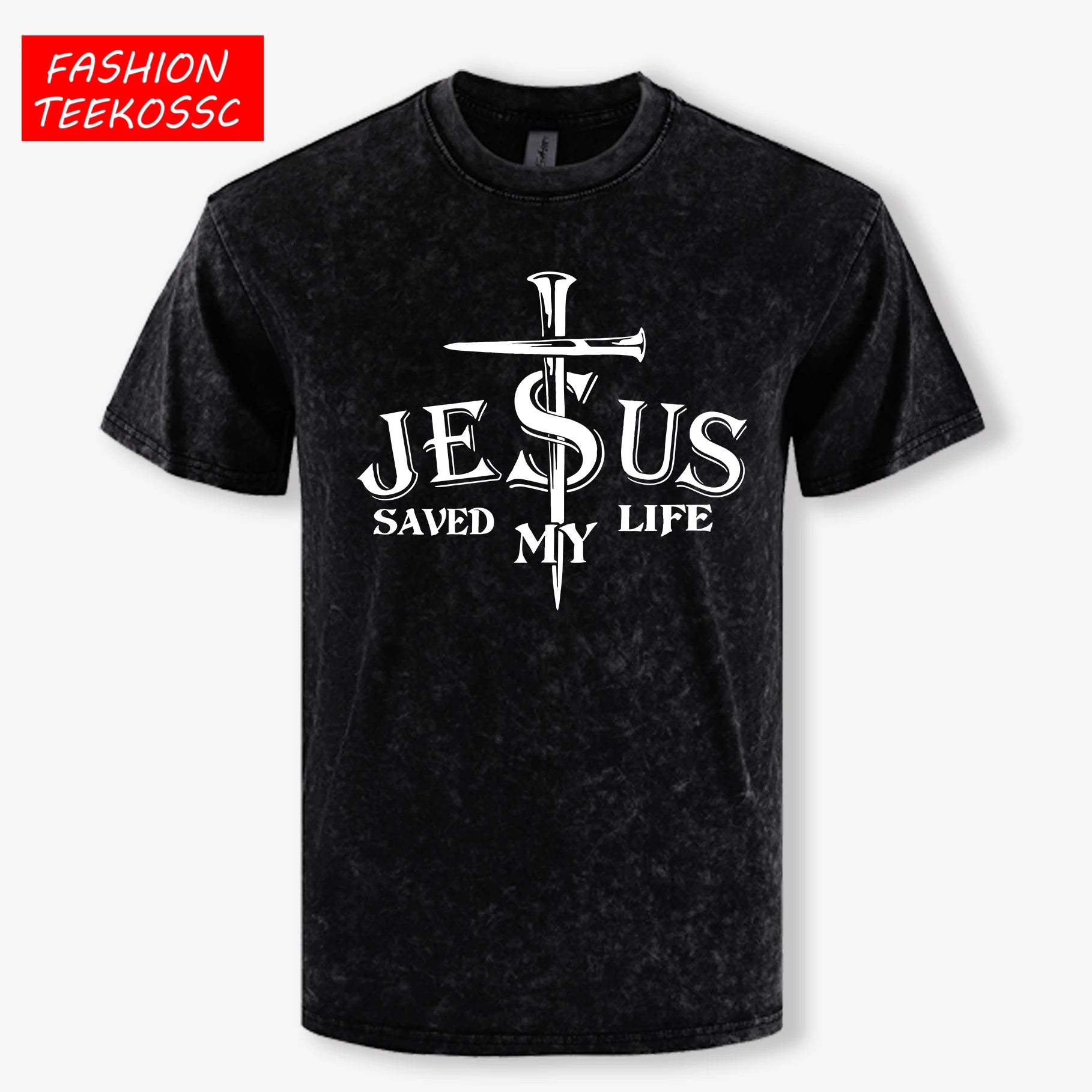 Jesus Saved My Life Letter Graphic Design Washed Mans T Shirt Summer Loose Trendy Tee Soft Cotton Clothes Basics Short Sleeve