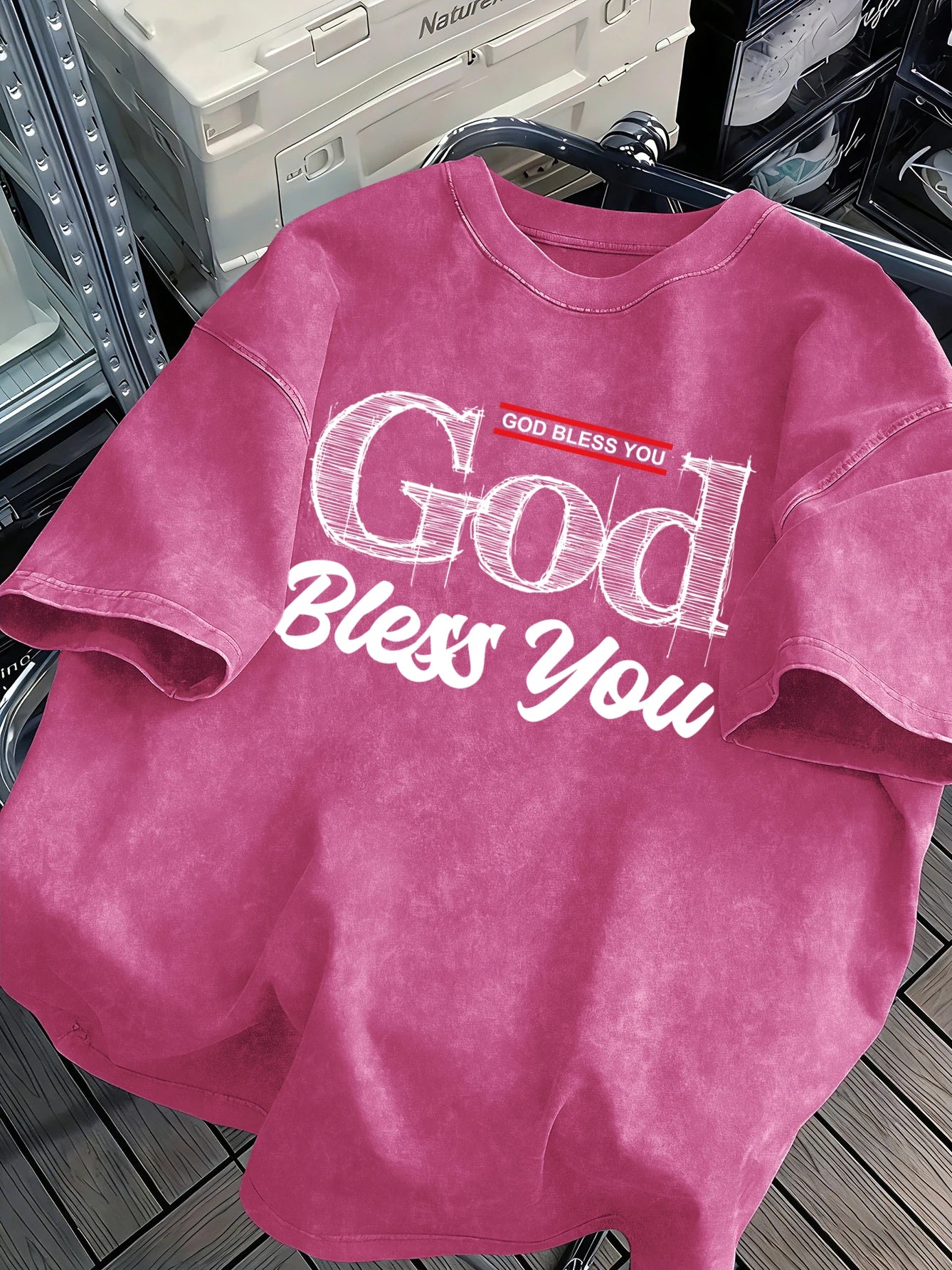 God Bless You Design Snow Washed T-Shirt Mens Summer Loose Retro Short Sleeve Unisex Cotton Top Fashion All-Match Clothing