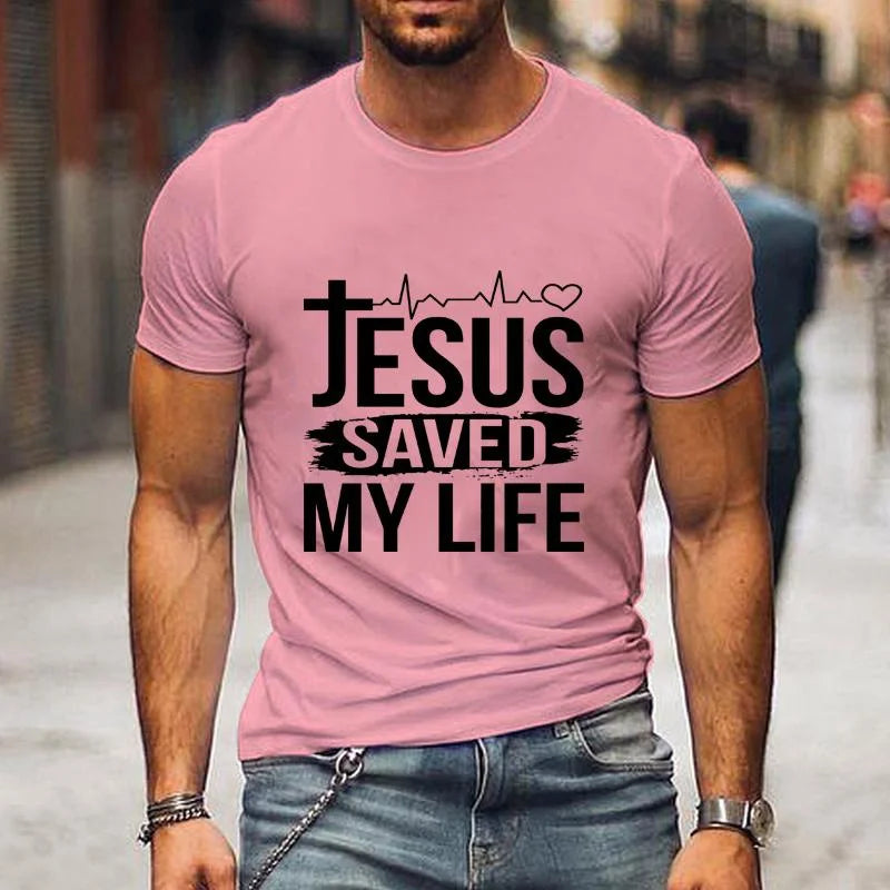 Jesus Saved My Life Letter Print T-shirt Men's Fashion Summer Comfortable Round Neck Shirt T-shirt