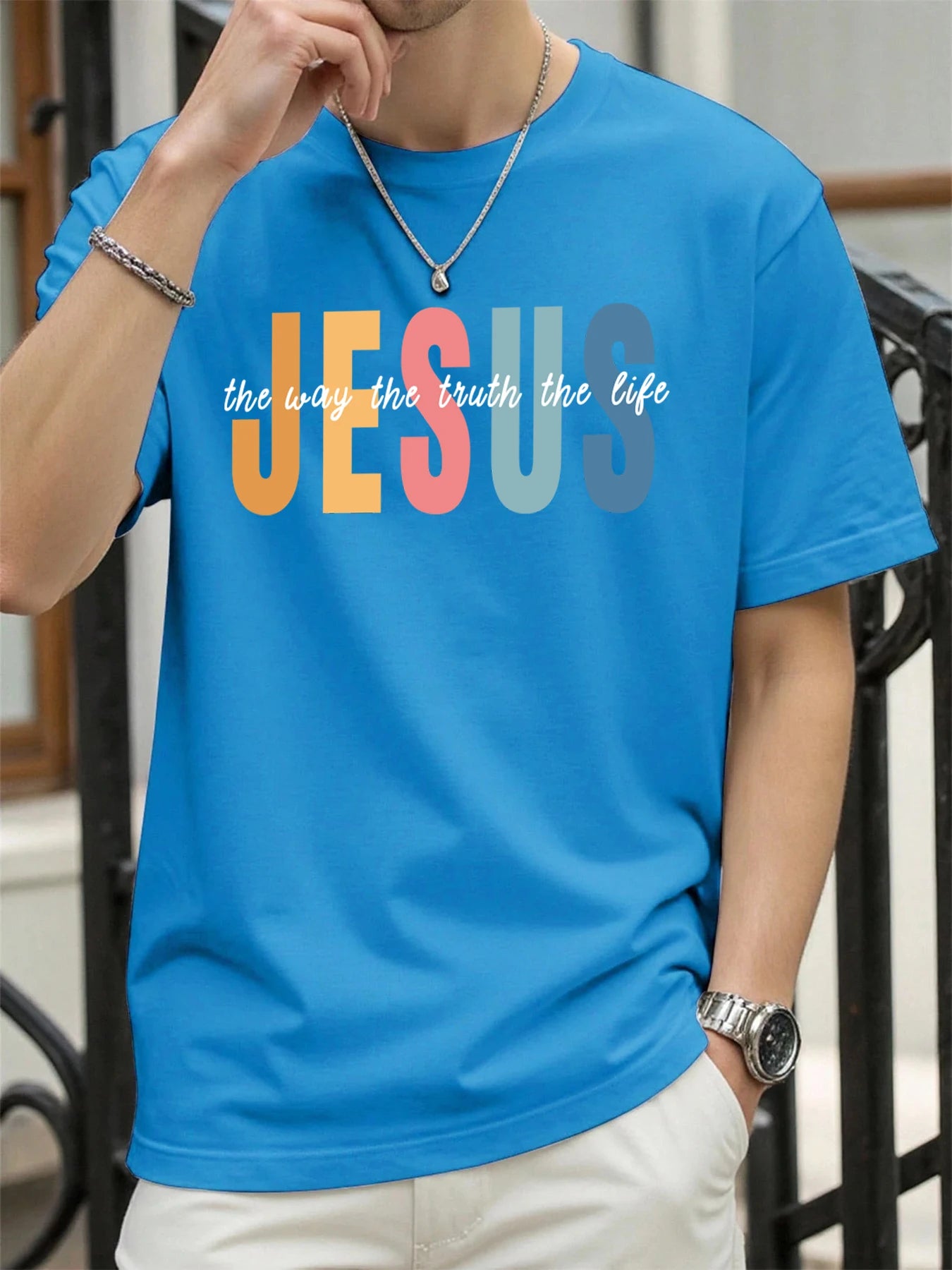 Jesus Color Letter Creative Printed T Shirt Man Summer All-Match Tops O-Neck Hip Hop Short Sleeve Men Cotton Breathable T-Shirts
