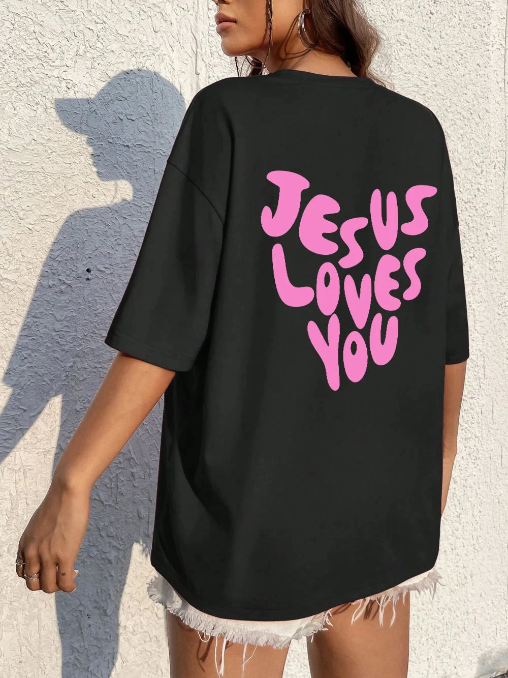Jesus Loves Me Letter Prints Female Cotton T-Shirts Fashion O-Neck Oversize Tops Casual Loose Soft Short Sleeve Women Clothing