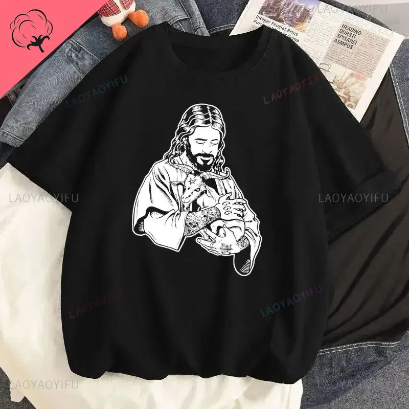 Jesus Vs Satan in A Boxing Match Funny Cotton Men's Clothing Not Today Satan John 14 6 Christian Unisex Street Trend Tshirt