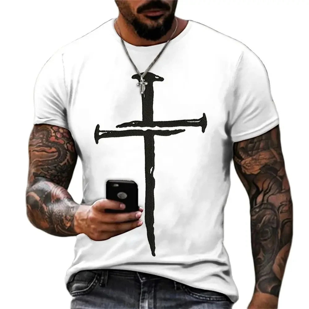 Jesus Christ Cross 3D Print Christian Mens Clothing T Shirts Oversized Vintage T Shirt O-neck Tops Hip Hop Short Sleeve