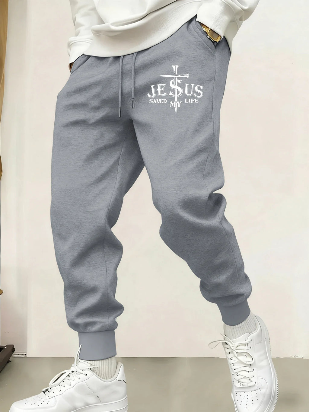 Jesus Saved My Life Letter Printed Male Sweatpants Pocket Warm Britches Comfortable Street Long Pants Y2K Hip Hop Trousers