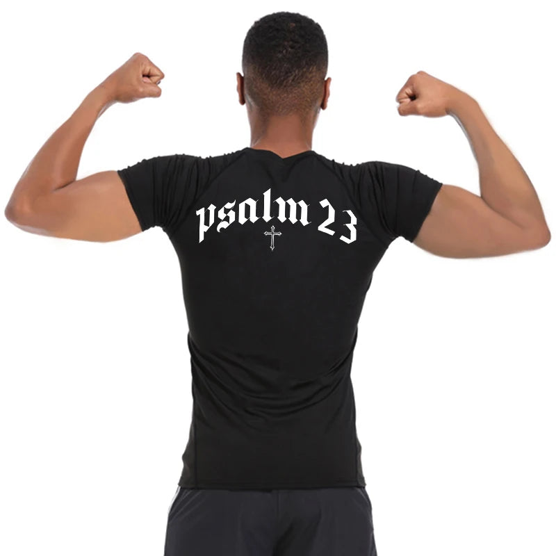 Psalm 23 Cross Print Compression Shirt for Men Sporty Quick Dry Tees Tshirt Tops Gym Workout Fitness Undershirts Baselayers