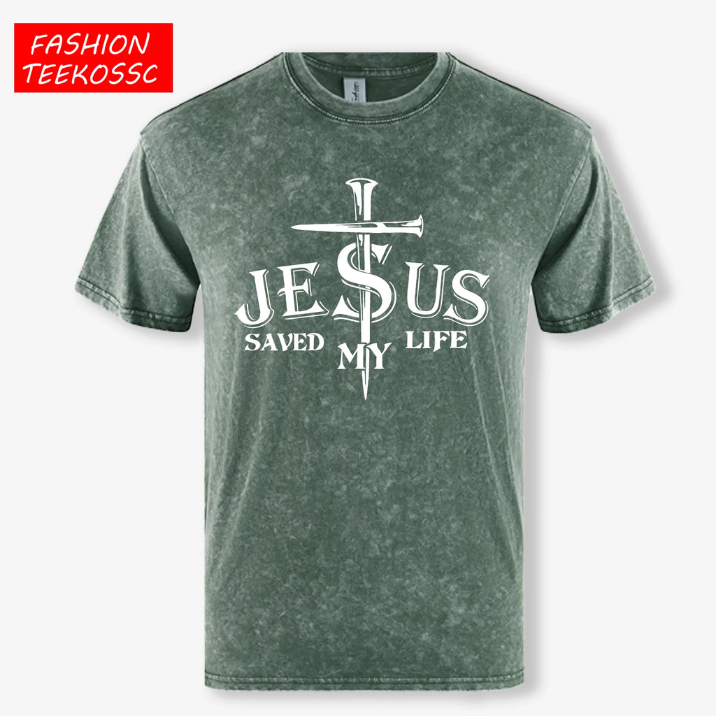 Jesus Saved My Life Letter Graphic Design Washed Mans T Shirt Summer Loose Trendy Tee Soft Cotton Clothes Basics Short Sleeve