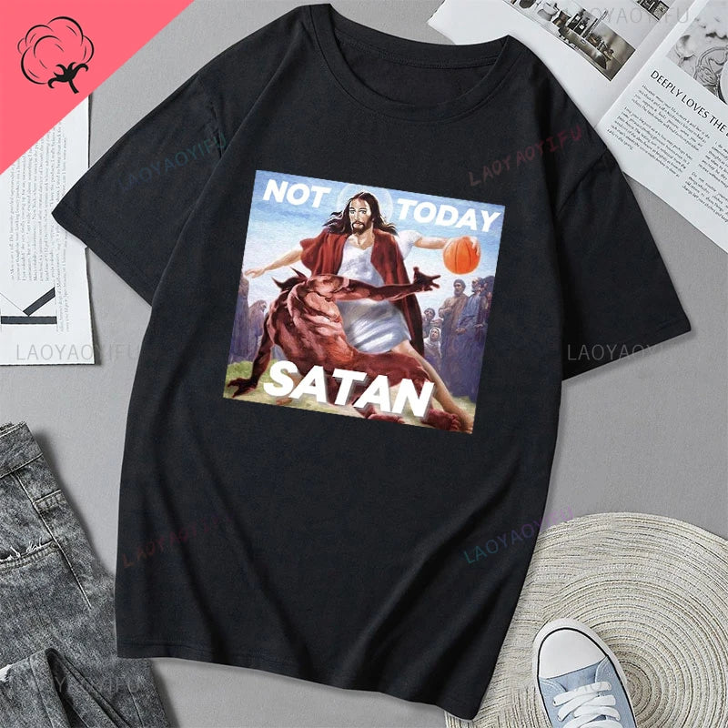 Jesus Vs Satan in A Boxing Match Funny Cotton Men's Clothing Not Today Satan John 14 6 Christian Unisex Street Trend Tshirt