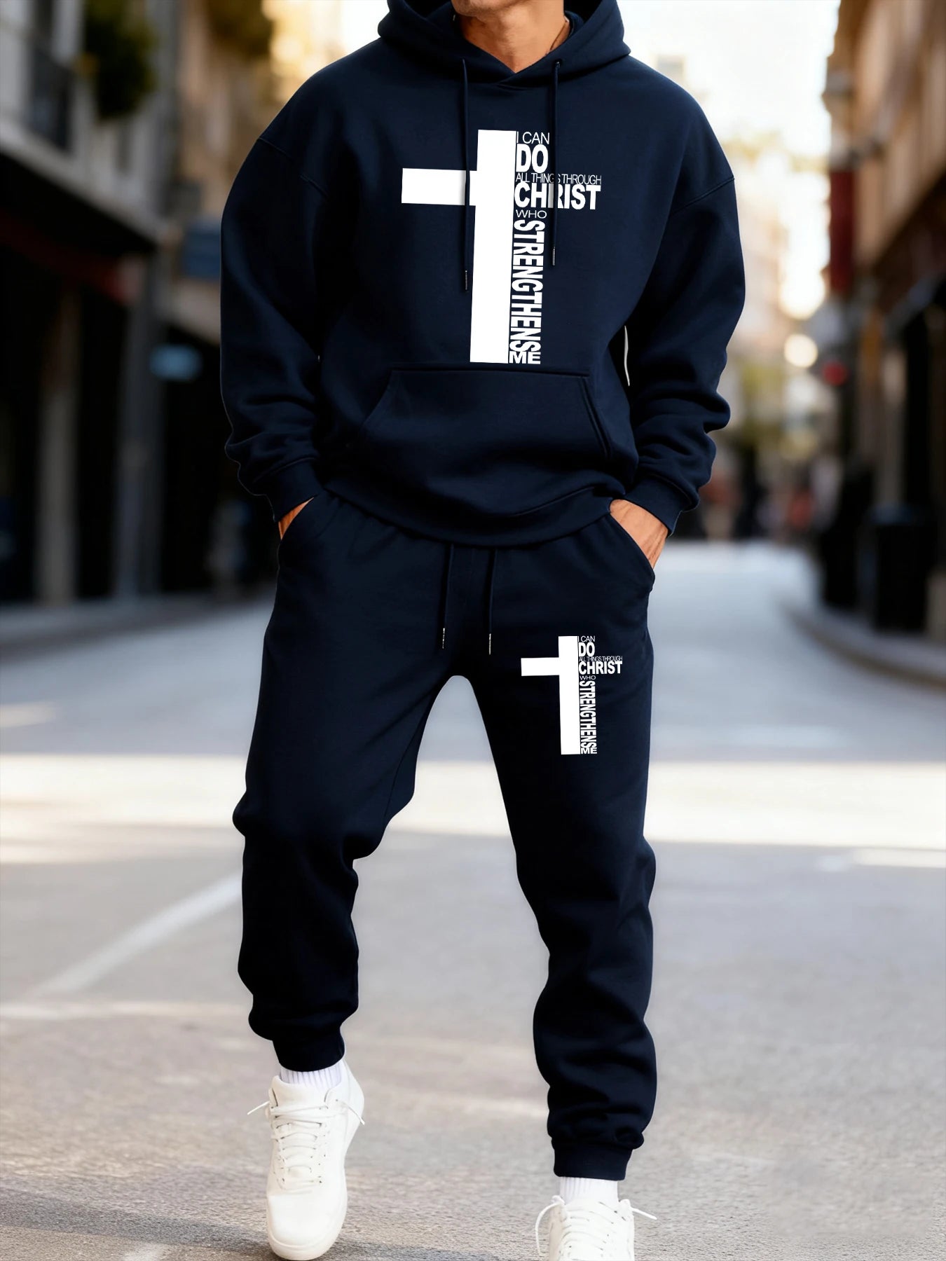 Christ Has Made Me Invincible Printing Man Hoodie Set Sporty Long-Length Two Pices Sets Street Couple'S Hoody Fashion Pants