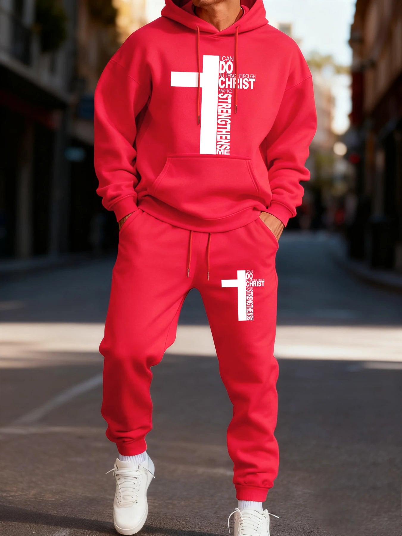 Christ Has Made Me Invincible Printing Man Hoodie Set Sporty Long-Length Two Pices Sets Street Couple'S Hoody Fashion Pants