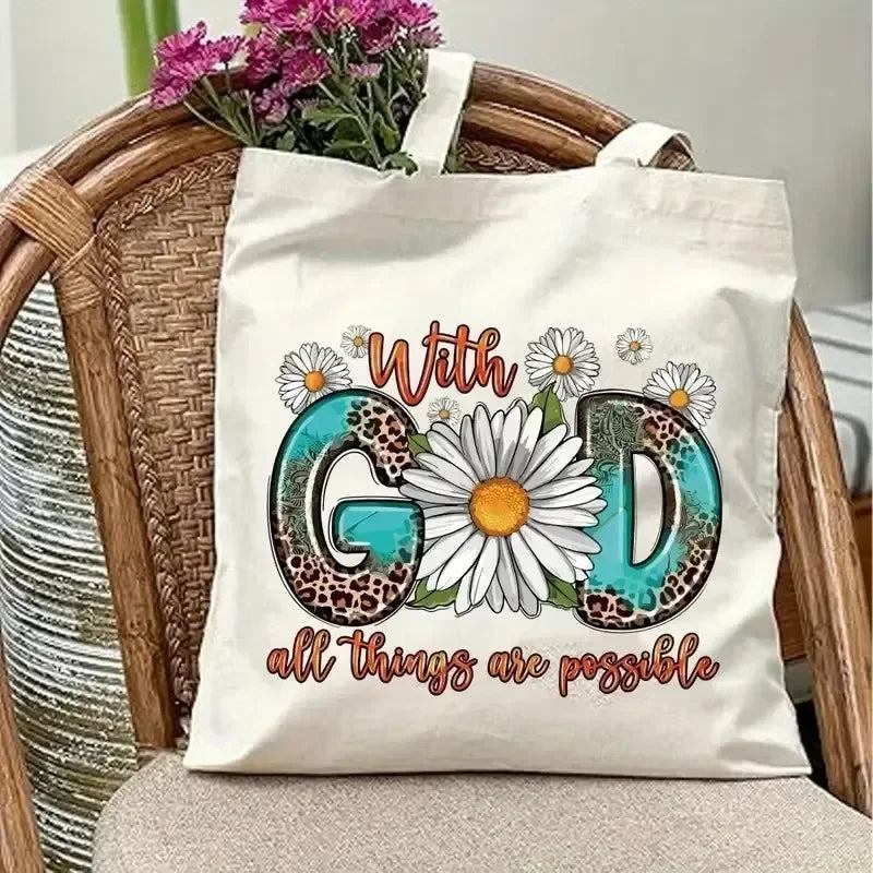 God Is Good  All Things Are Possible Canvas Tote Bag  Christian Shoulder Bag Bible Verse Print  Christianity Bags for Women