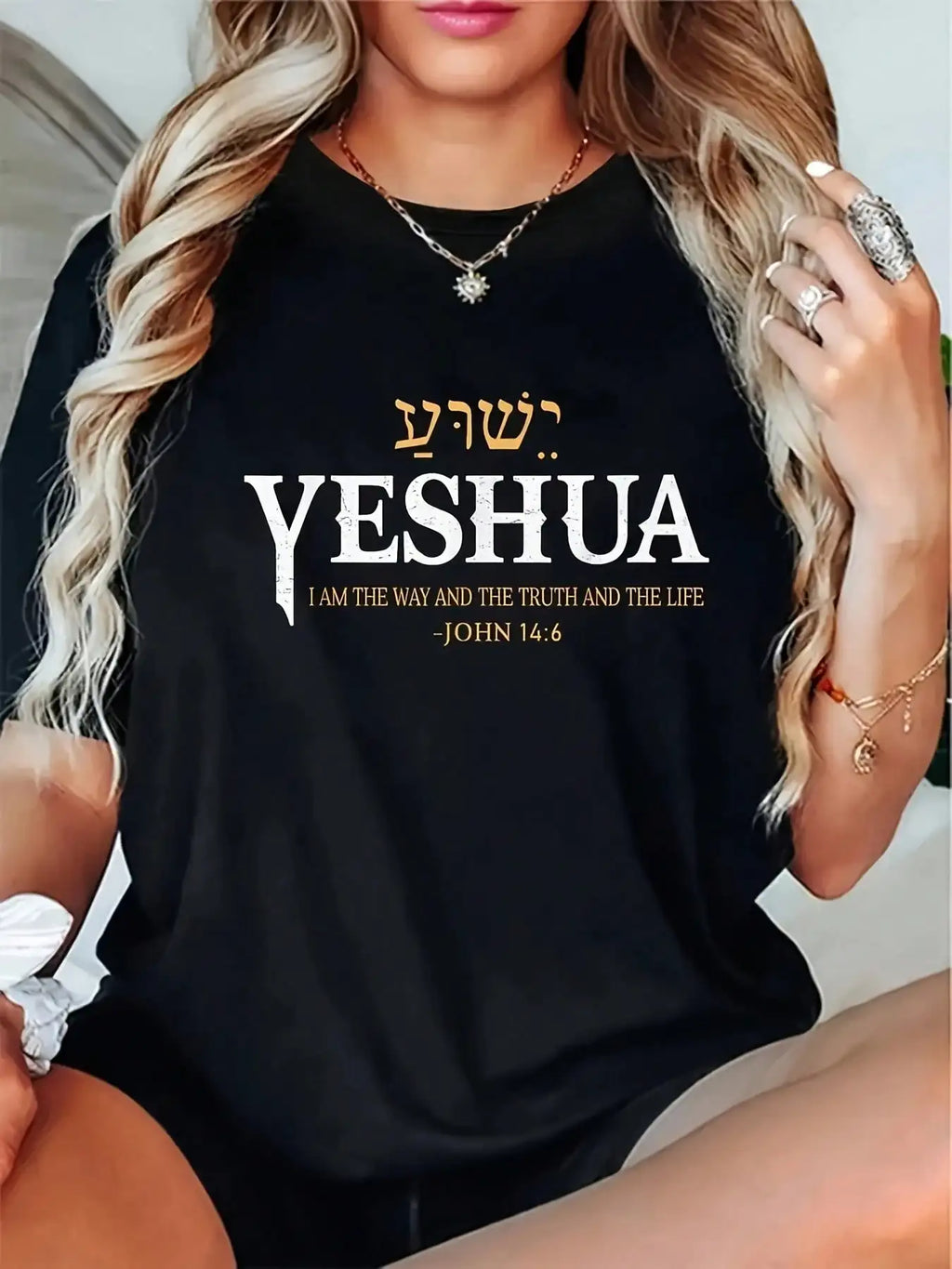 Yeshua  Name Jesus Truth Life Christian Bible T-Shirt - Tee For Men & Women, Black With Golden Lettering, Casual Round Neck