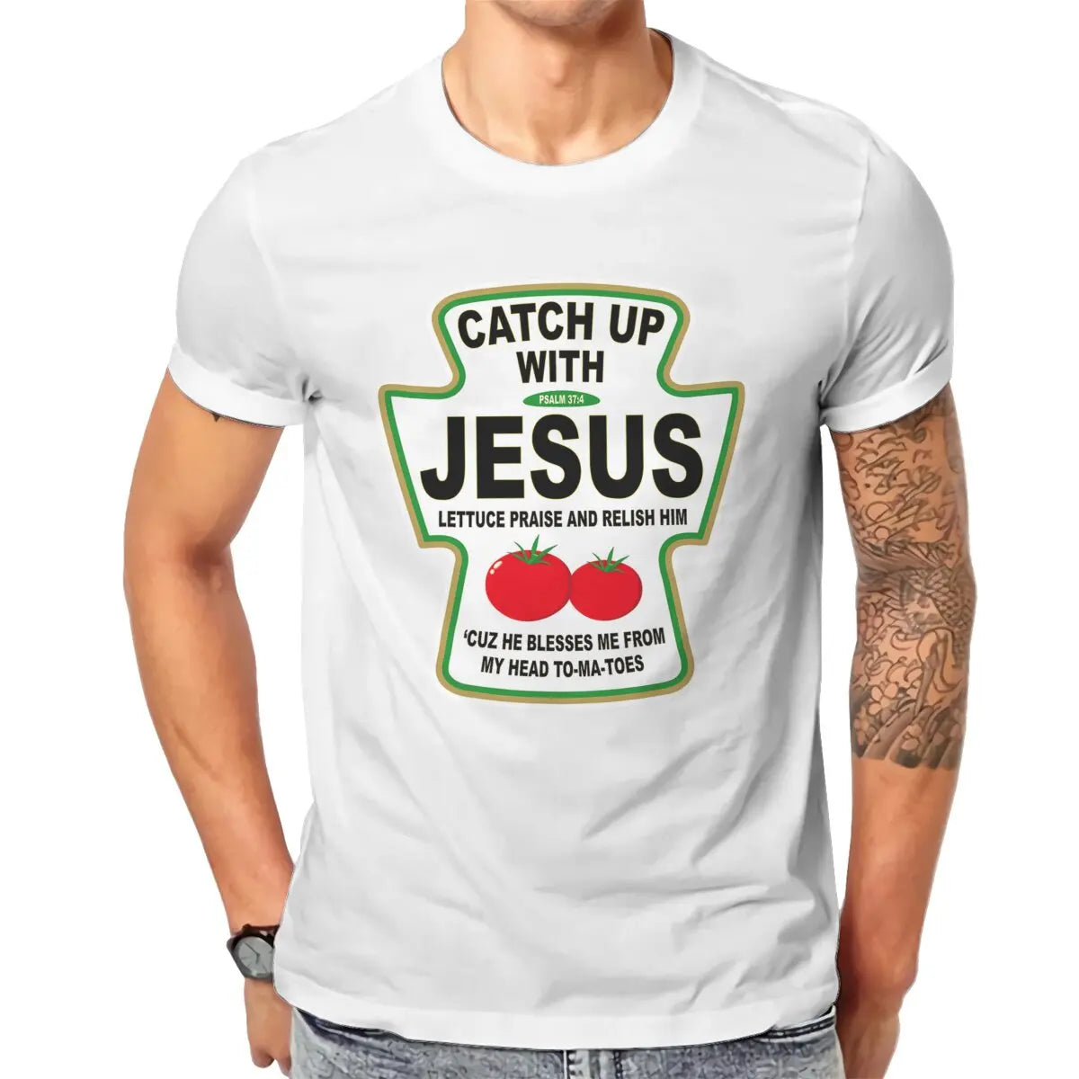 Christian Catch Up With Jesus Ketchup Men's T Shirt Christ Religion Casual Tee Shirt T-Shirts 100% Cotton Printed Tops
