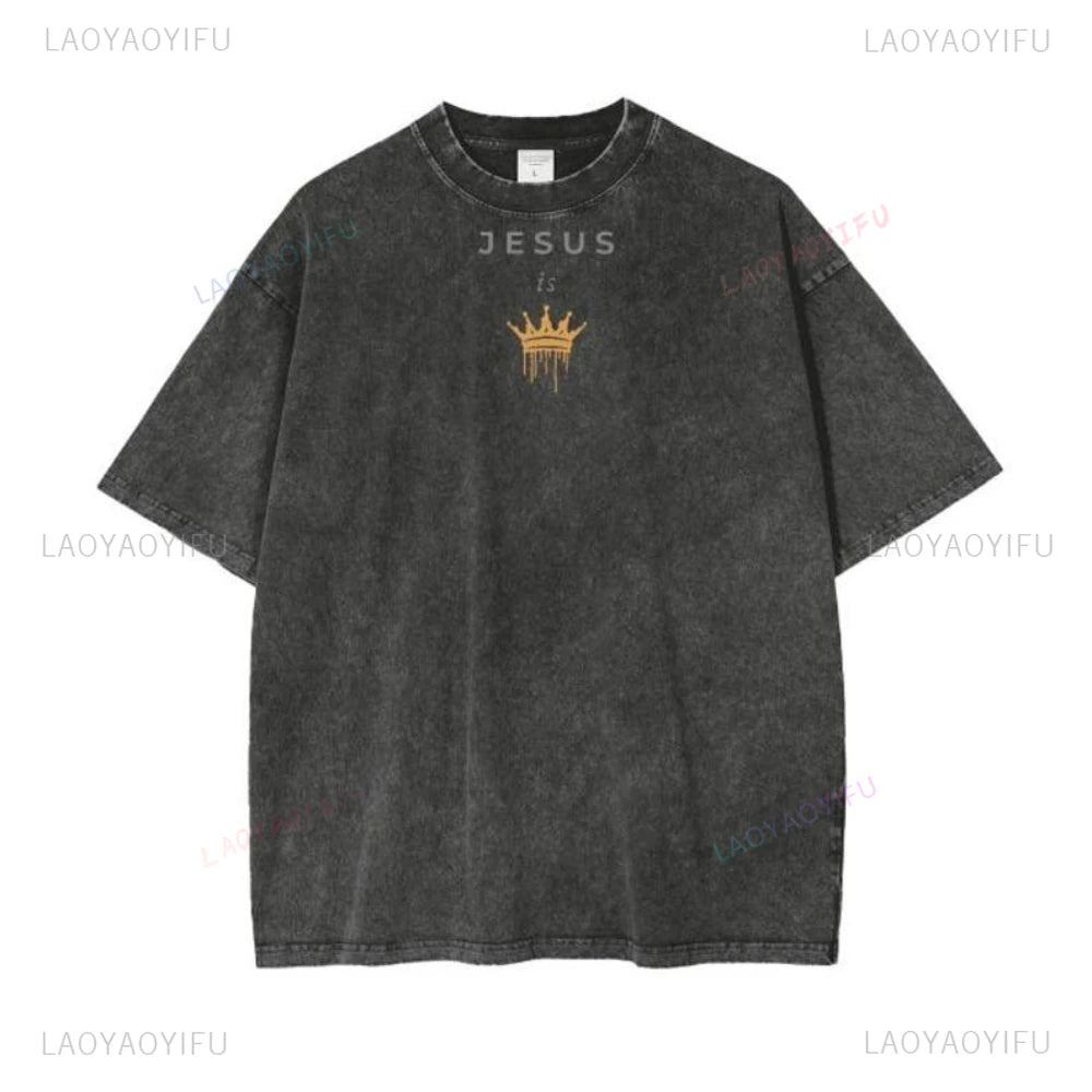 Jesus Is King Acid Wash Cotton Graphic T Shirts Woman Man Christian Tshirt Fashion Summer Casual Outdoors Streetwear Clothes