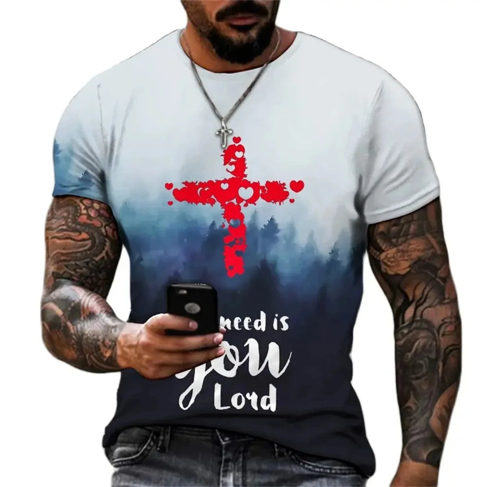 Jesus Christ Cross 3D Print Christian Mens Clothing T Shirts Oversized Vintage T Shirt O-neck Tops Hip Hop Short Sleeve