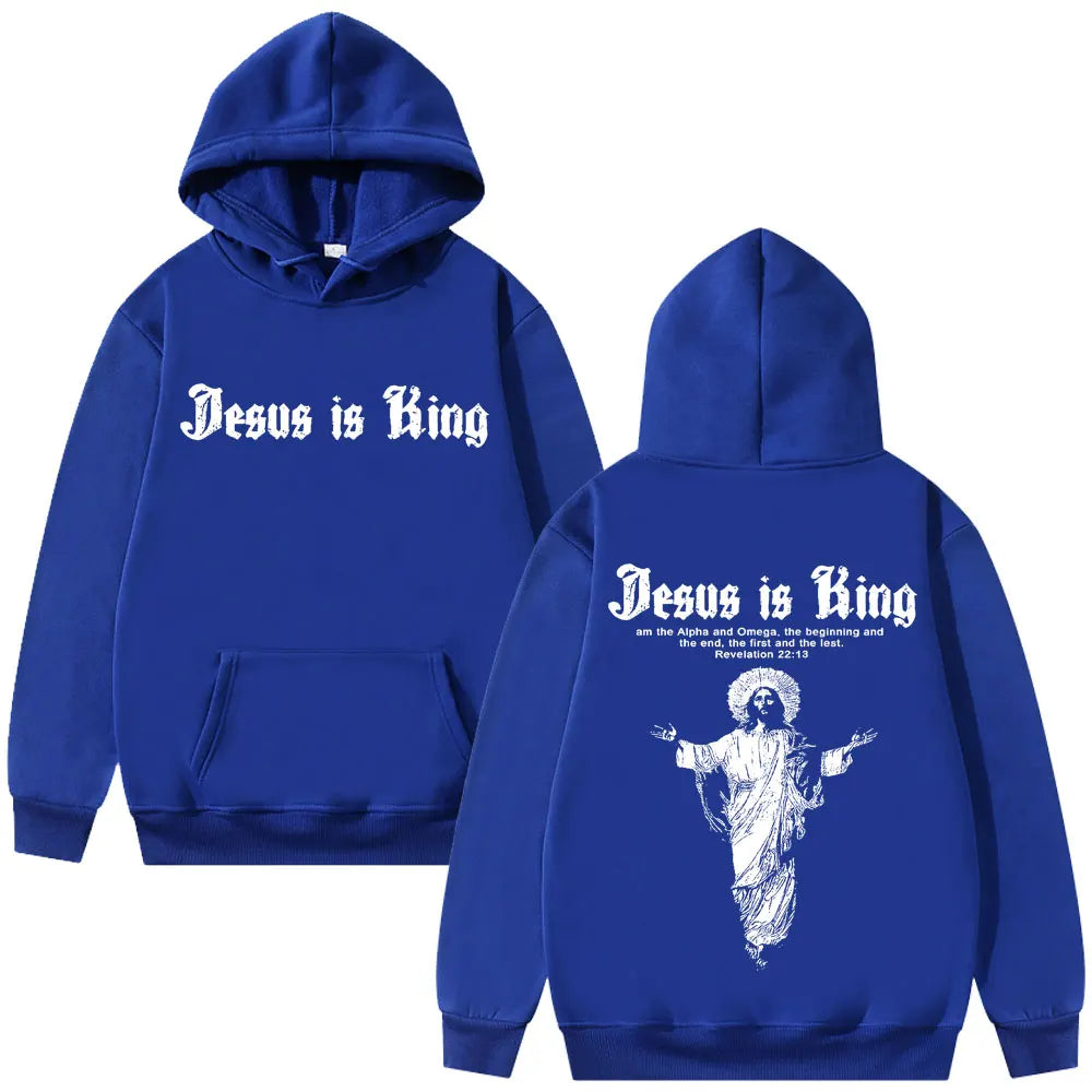 Jesus Is King Print Men Plus-size Hoodie Religious Outdoor Street Casual Fashion Long-sleeve Autumn Fleece Top