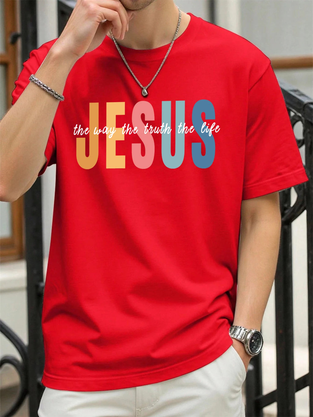 Jesus Color Letter Creative Printed T Shirt Man Summer All-Match Tops O-Neck Hip Hop Short Sleeve Men Cotton Breathable T-Shirts