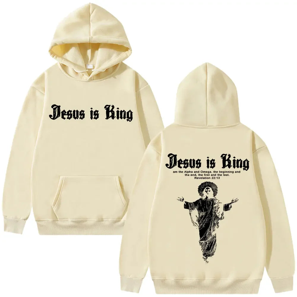 Jesus Is King Print Men Plus-size Hoodie Religious Outdoor Street Casual Fashion Long-sleeve Autumn Fleece Top