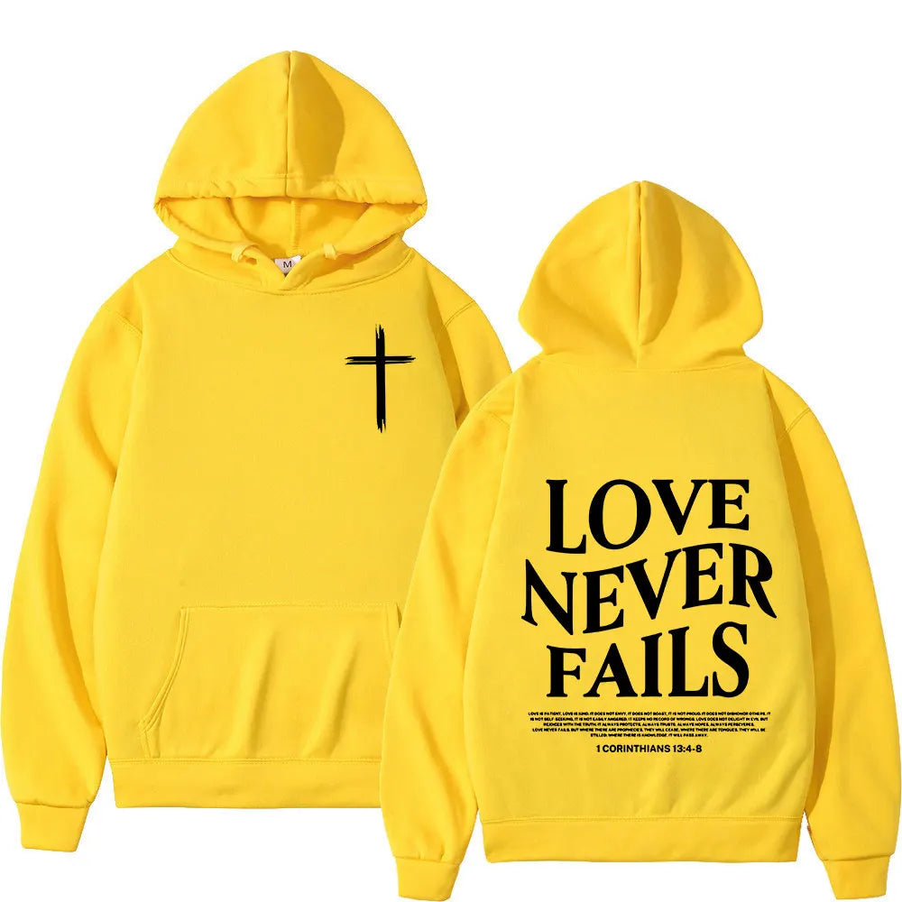 Christian Jesus Love Never Fails Bible Verse Hoodies Men's Women Clothing Harajuku Vintage Hooded Sweatshirts Hip Hop Tracksuit