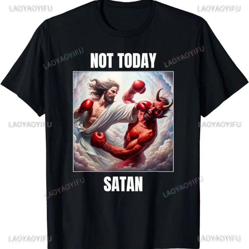 Jesus Vs Satan in A Boxing Match Funny Cotton Men's Clothing Not Today Satan John 14 6 Christian Unisex Street Trend Tshirt