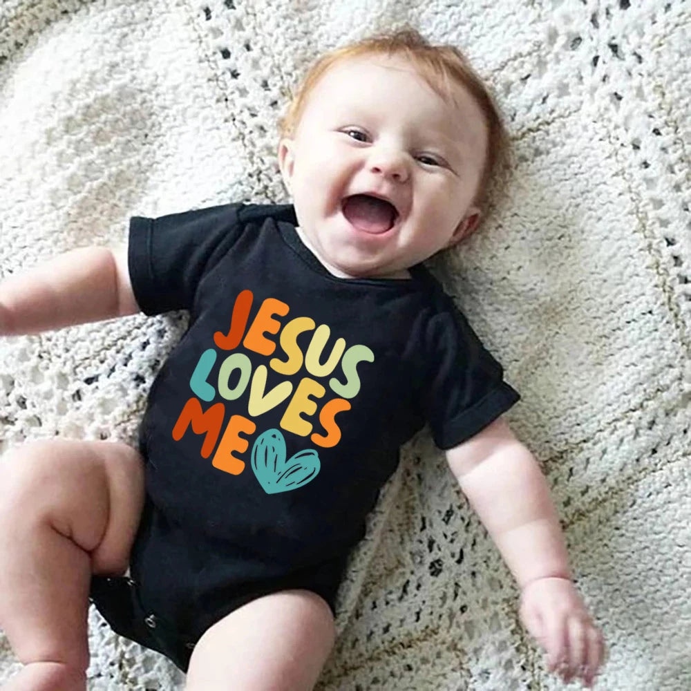 Jesus Loves Me Printed Baby Bodysuit Funny Newborn Romper Infant Short Sleeve Jumpsuit Cotton Toddler Clothes Jesus Gift