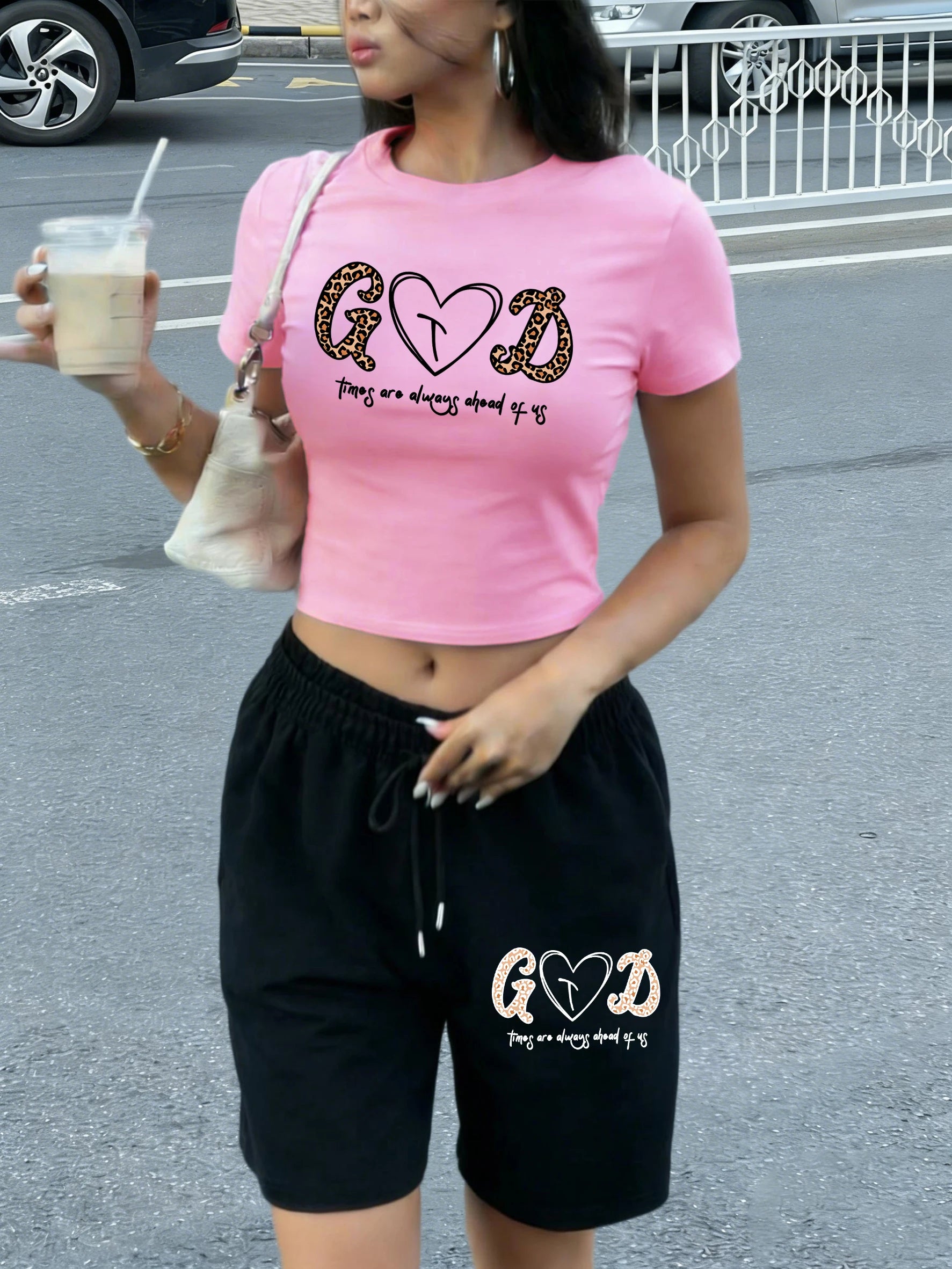 God Times Always Ahead Of Us Print  Womens Crop T Shirt Suits Crewneck Cotton T-Shirts Summer Shorts wide-leg Pocket Pants