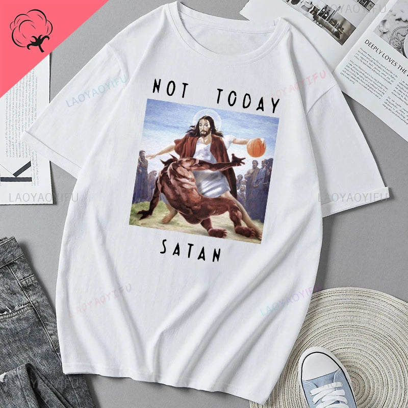Jesus Vs Satan in A Boxing Match Funny Cotton Men's Clothing Not Today Satan John 14 6 Christian Unisex Street Trend Tshirt
