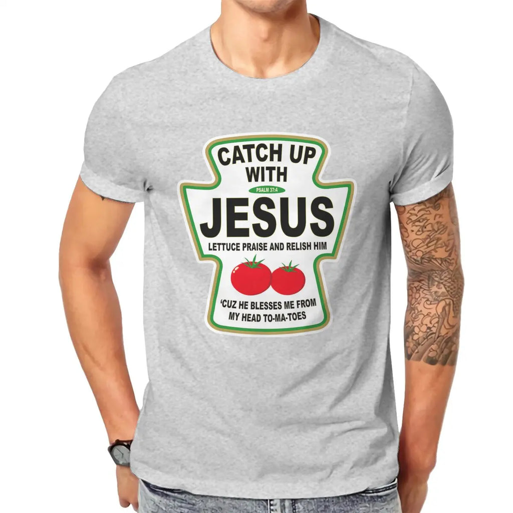 Christian Catch Up With Jesus Ketchup Men's T Shirt Christ Religion Casual Tee Shirt T-Shirts 100% Cotton Printed Tops