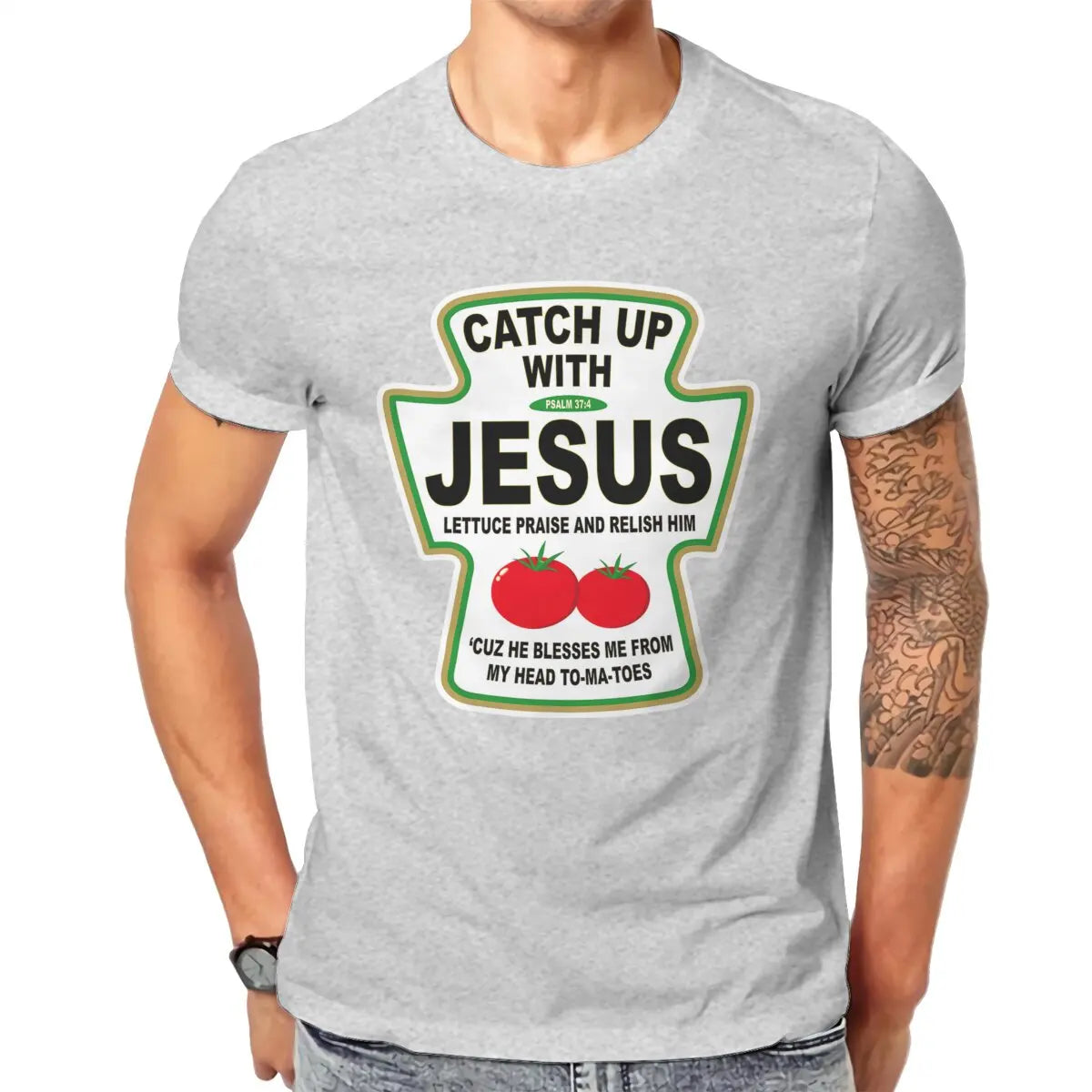 Christian Catch Up With Jesus Ketchup Men's T Shirt Christ Religion Casual Tee Shirt T-Shirts 100% Cotton Printed Tops
