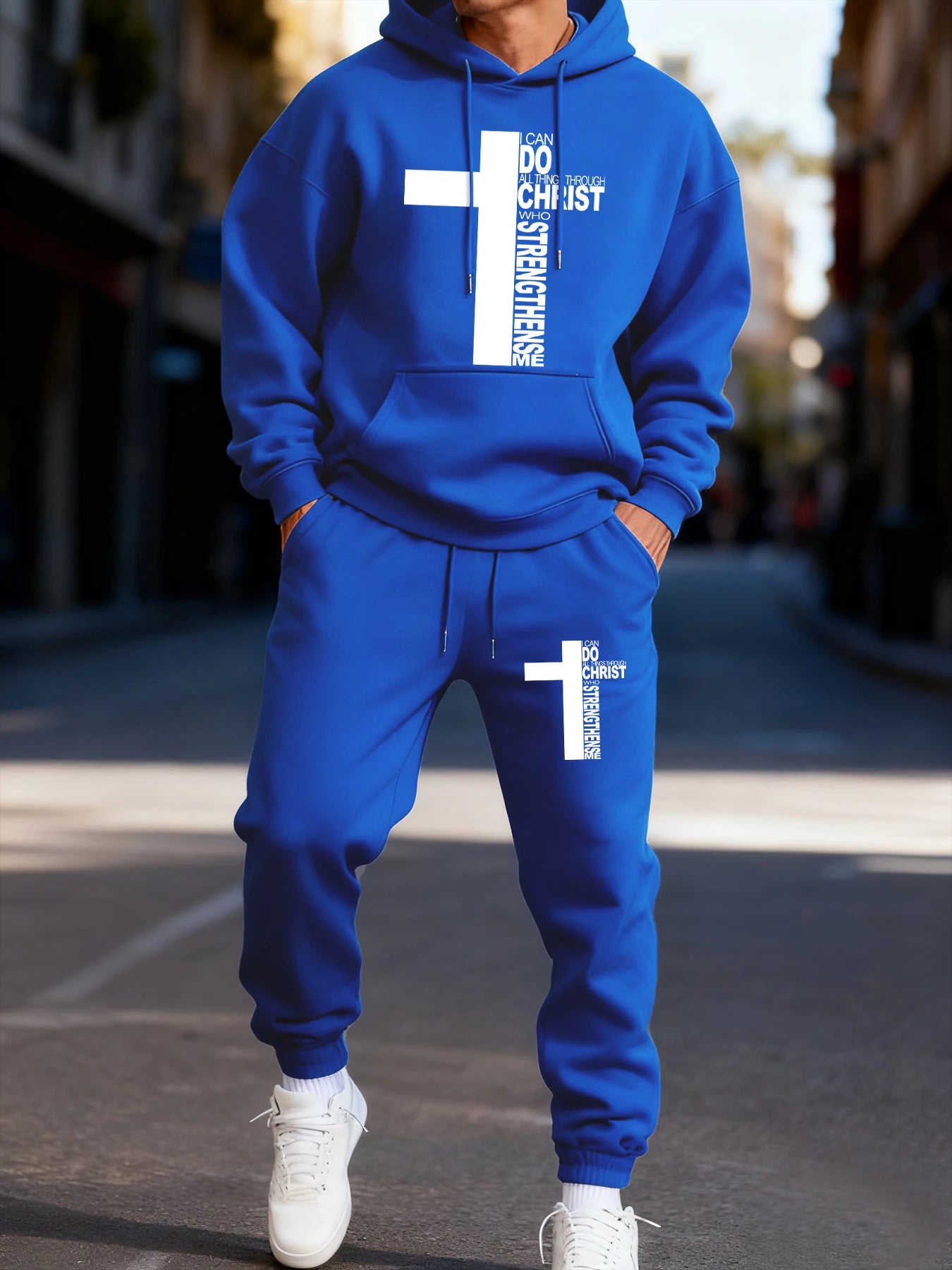 Christ Has Made Me Invincible Printing Man Hoodie Set Sporty Long-Length Two Pices Sets Street Couple'S Hoody Fashion Pants