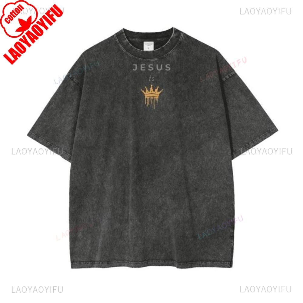 Jesus Is King Acid Wash Cotton Graphic T Shirts Woman Man Christian Tshirt Fashion Summer Casual Outdoors Streetwear Clothes