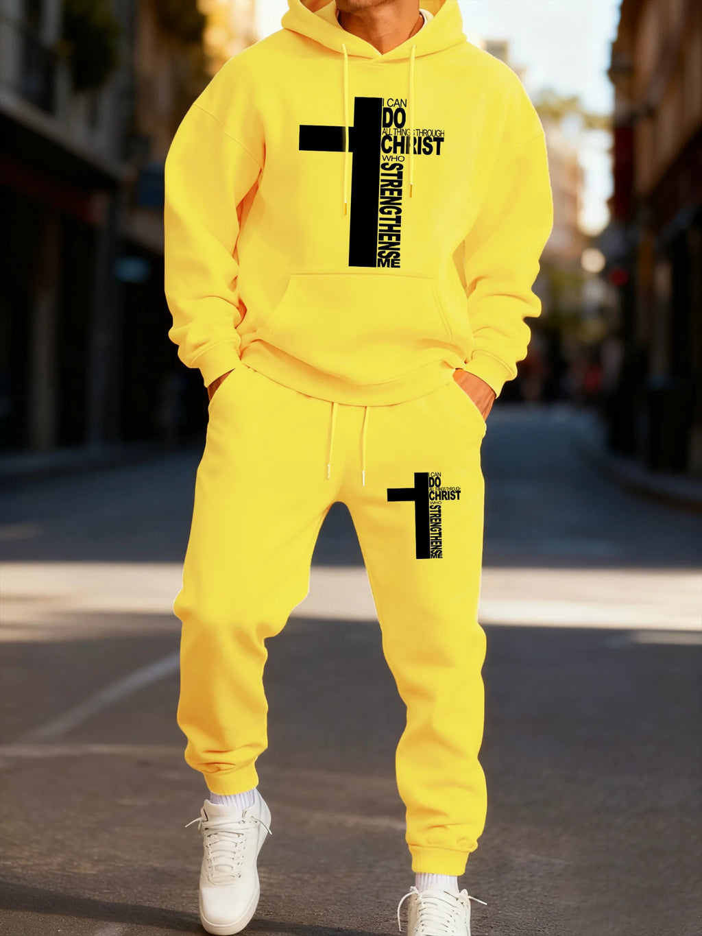 Christ Has Made Me Invincible Printing Man Hoodie Set Sporty Long-Length Two Pices Sets Street Couple'S Hoody Fashion Pants