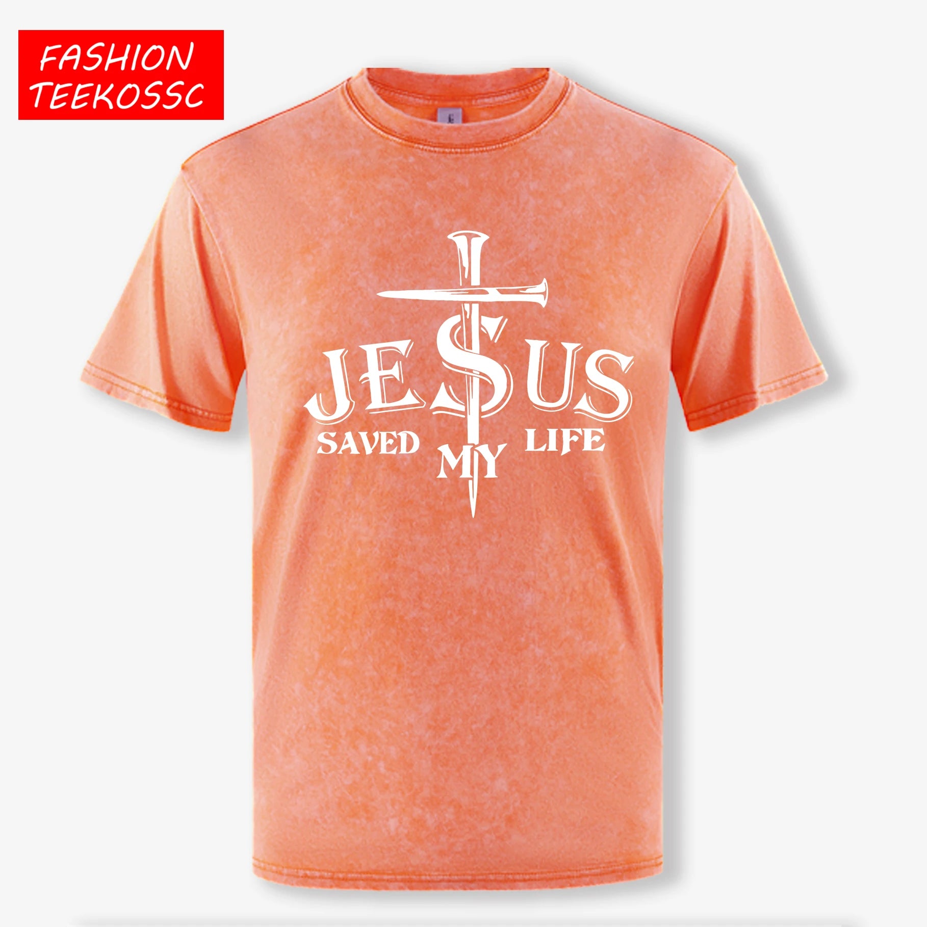 Jesus Saved My Life Letter Graphic Design Washed Mans T Shirt Summer Loose Trendy Tee Soft Cotton Clothes Basics Short Sleeve