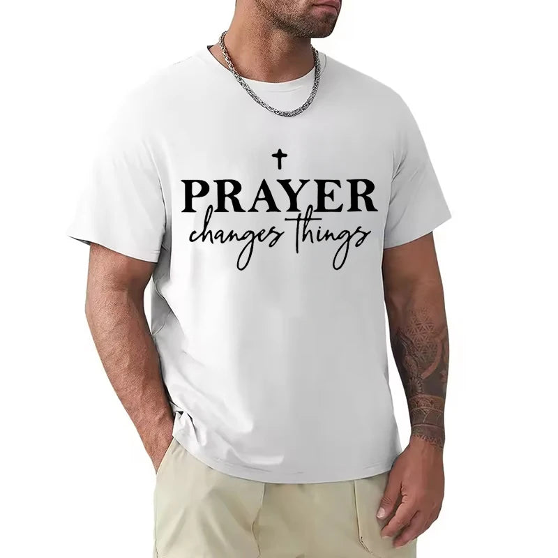 Christian Gift T-Shirt for Men Prayer Changes Things Cross Print Casual O Neck Short Sleeve Tops Perfect for Religious Male Tees