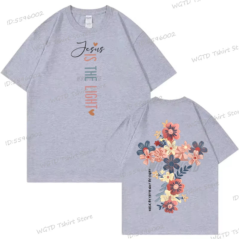 Jesus Is The Light Christian T Shirt Inspirational Floral Cross Vintage T Shirts Women Gift for Christian Religious T Shirts