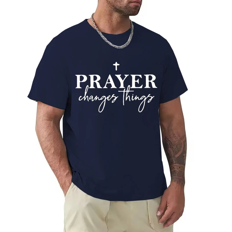 Christian Gift T-Shirt for Men Prayer Changes Things Cross Print Casual O Neck Short Sleeve Tops Perfect for Religious Male Tees