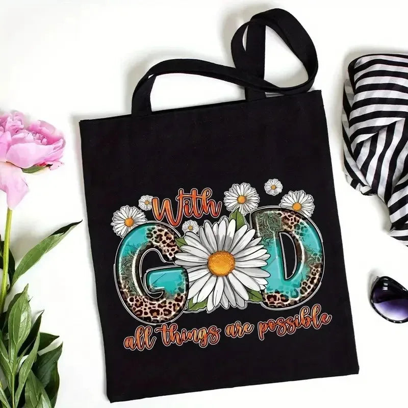God Is Good  All Things Are Possible Canvas Tote Bag  Christian Shoulder Bag Bible Verse Print  Christianity Bags for Women
