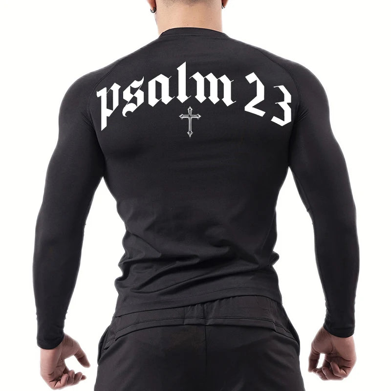 Psalm 23 Cross Print Compression Shirt for Men Sporty Quick Dry Tees Tshirt Tops Gym Workout Fitness Undershirts Baselayers