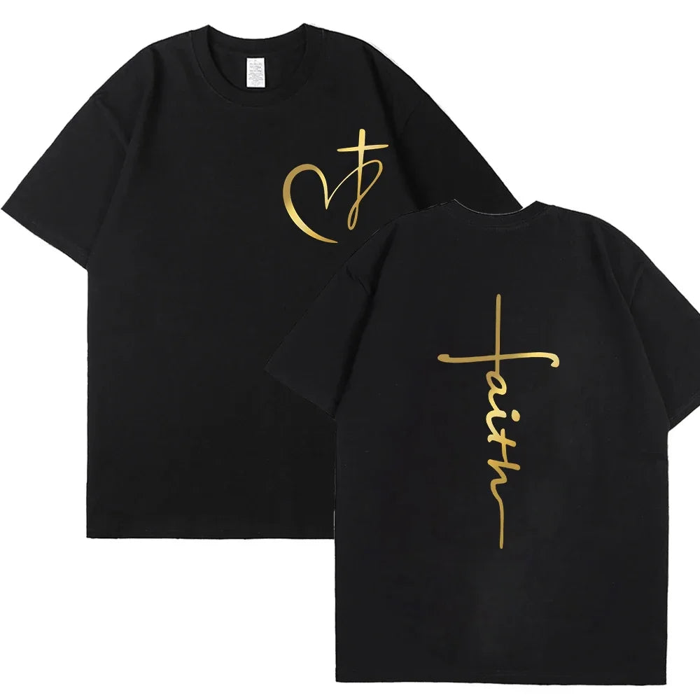 New Women's Heart Cross T-shirt Fashion Faith Jesus Print Female Short Sleeve Shirts Summer Short Sleeve Casual