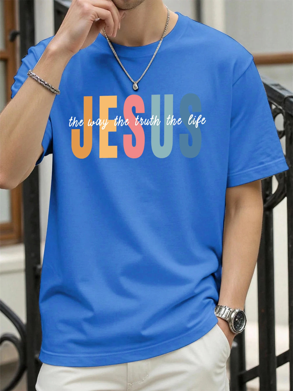 Jesus Color Letter Creative Printed T Shirt Man Summer All-Match Tops O-Neck Hip Hop Short Sleeve Men Cotton Breathable T-Shirts
