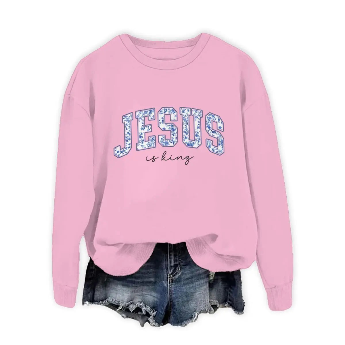 Christian Faith Long Sleeve Pullover Top Comfort Jesus Is King Sweatshirt Christians Blue Floral Jesus Design Women's Sweater