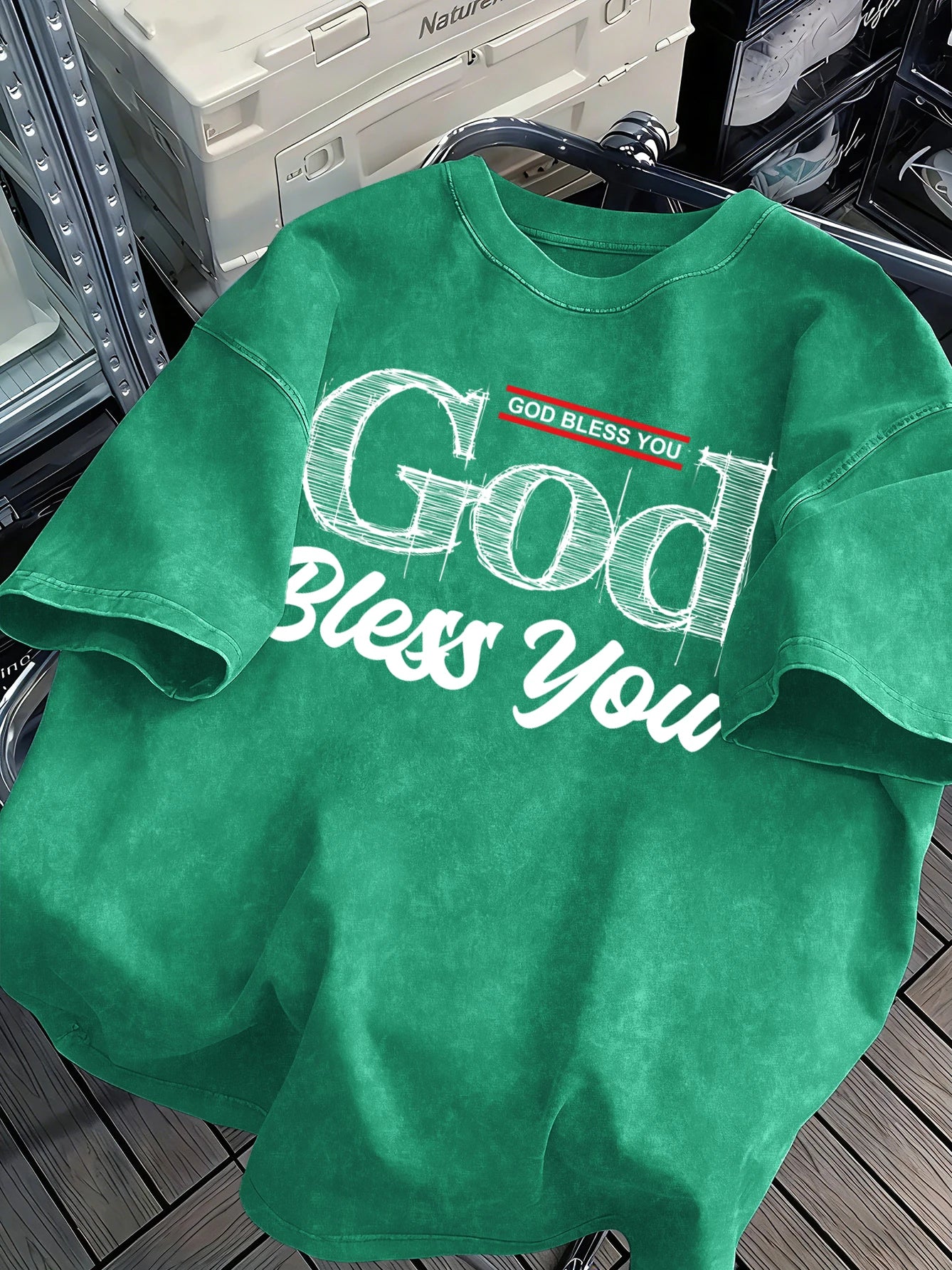 God Bless You Design Snow Washed T-Shirt Mens Summer Loose Retro Short Sleeve Unisex Cotton Top Fashion All-Match Clothing