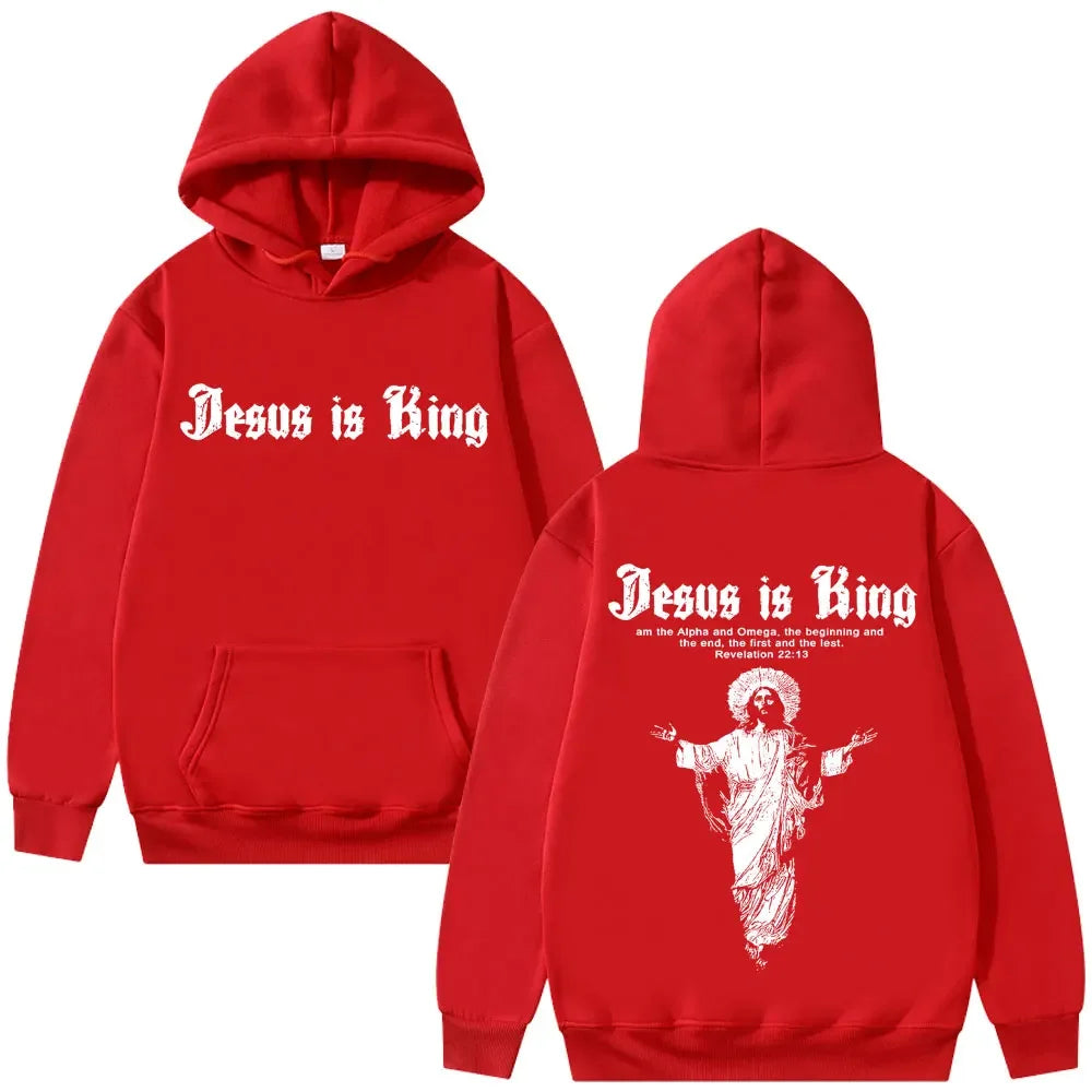 Jesus Is King Print Men Plus-size Hoodie Religious Outdoor Street Casual Fashion Long-sleeve Autumn Fleece Top