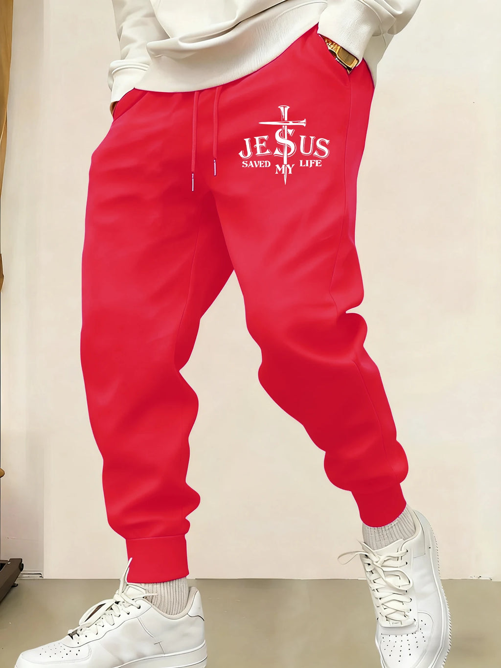 Jesus Saved My Life Letter Printed Male Sweatpants Pocket Warm Britches Comfortable Street Long Pants Y2K Hip Hop Trousers