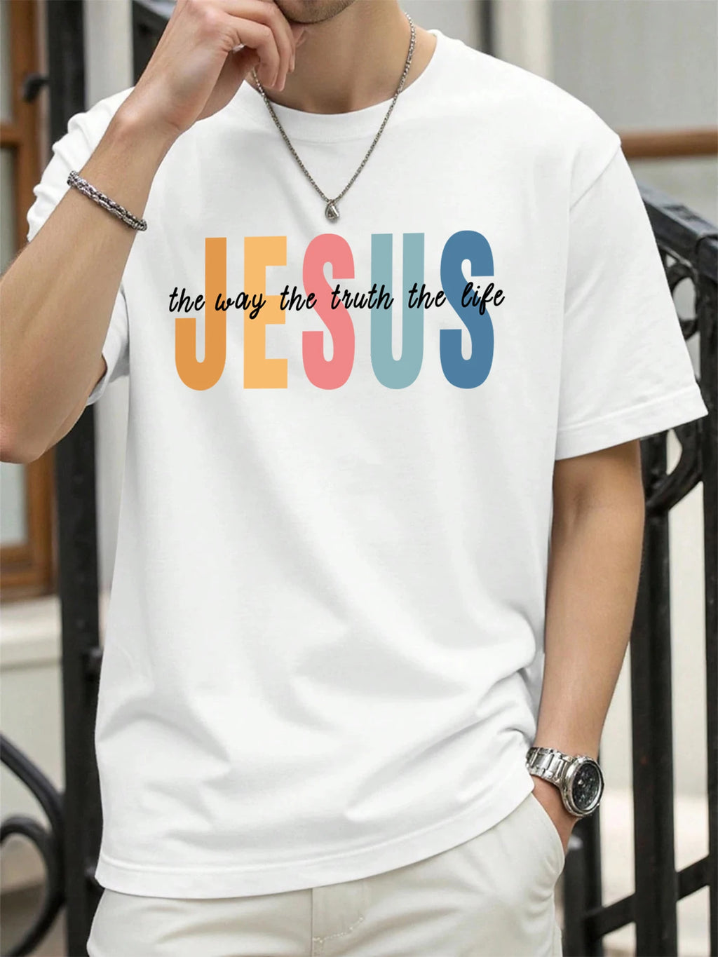 Jesus Color Letter Creative Printed T Shirt Man Summer All-Match Tops O-Neck Hip Hop Short Sleeve Men Cotton Breathable T-Shirts