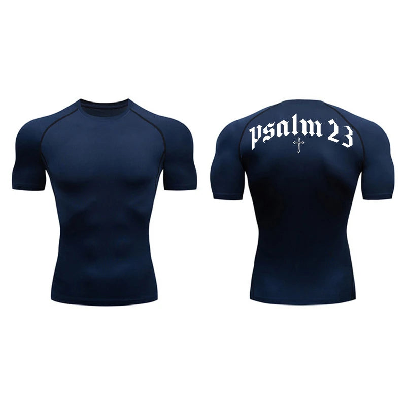 Psalm 23 Cross Print Compression Shirt for Men Sporty Quick Dry Tees Tshirt Tops Gym Workout Fitness Undershirts Baselayers